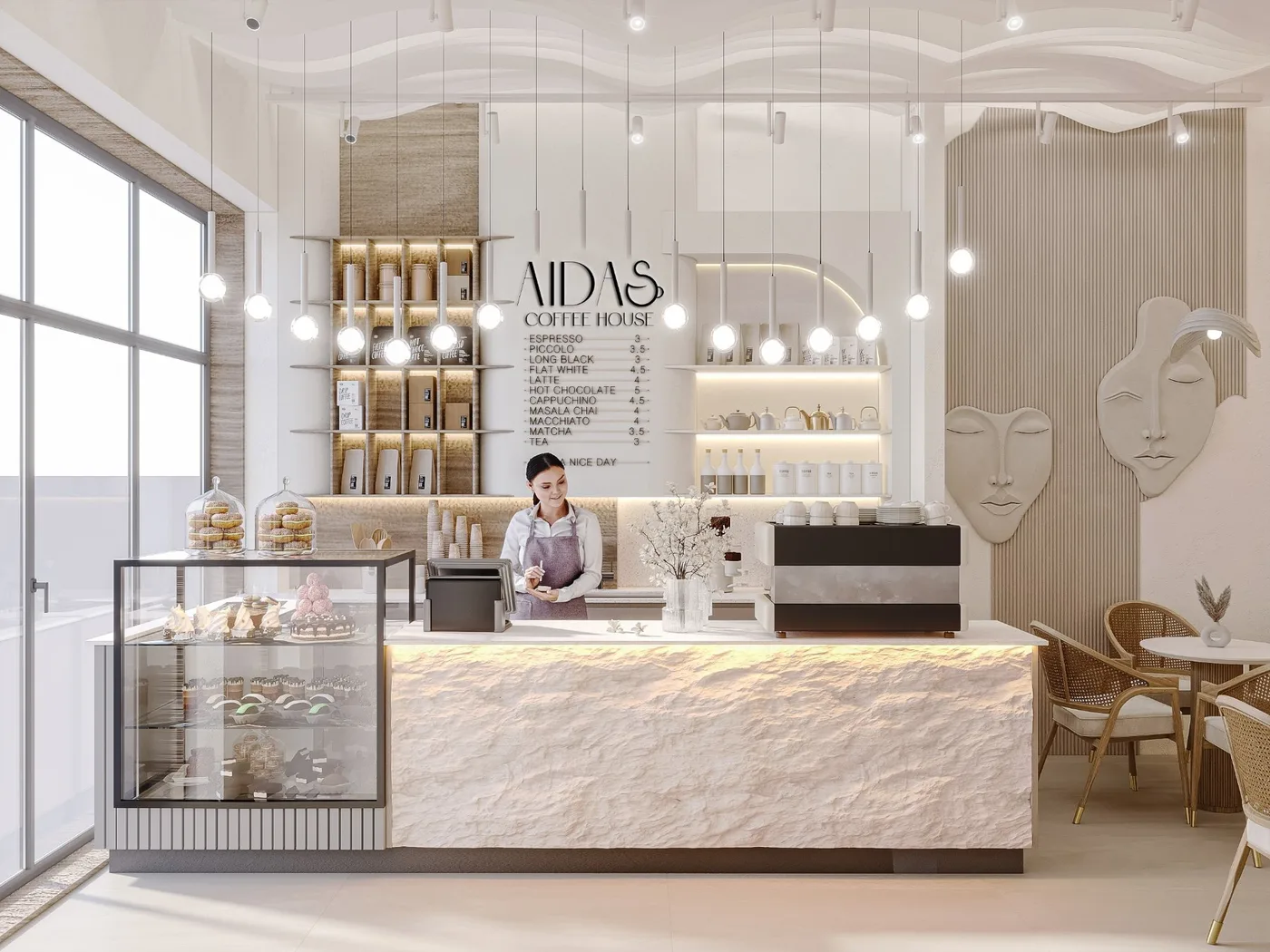 Aidas barı — şirniyyat vitrini, espresso maşını və AIDAS divar nişanı